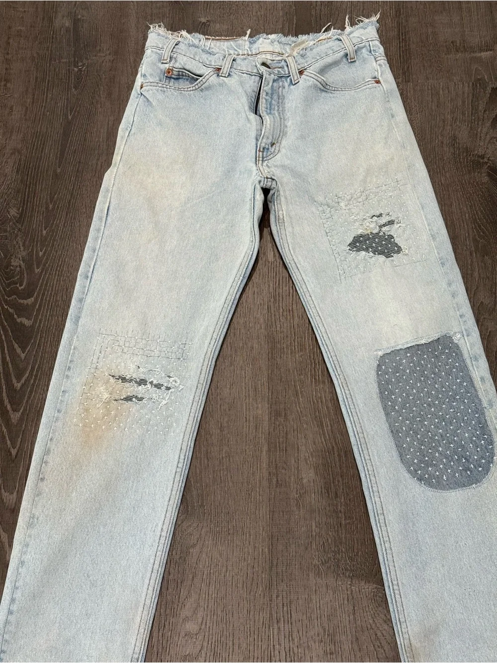 Vintage orange tab Y2K Light Blue Distressed Men’s Jeans with Patch Detail